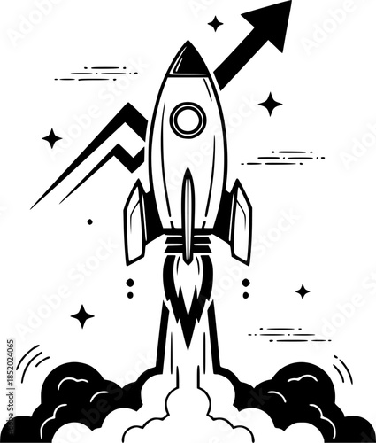 Rocket Ship Launching Upwards Vector Illustration Start Up Concept
