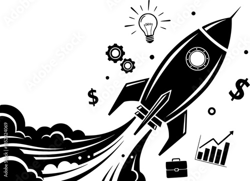 Rocket Ship Launching Upwards Vector Illustration Start Up Concept
