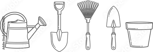 Outline illustration set of 5 gardening tools watering can shovel rake trowel and plant pot