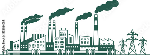 Industrial factory skyline illustration, power plant chimneys emitting smoke, urban manufacturing complex with electricity transmission towers, environmental pollution 
