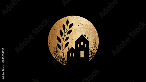 Elegant Gold Home and Nature Silhouette Logo Design. Abstract Textured Golden Circle with Rustic Houses and Botanical Elements on Black.