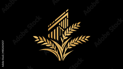 Elegant golden emblem blending stylized building and wheat stalks on black background, representing growth, luxury, and business success.