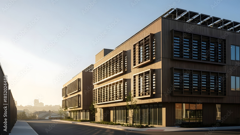 Obraz premium Modern Architectural Design Sustainable Net Zero Carbon Building Exterior at Sunrise