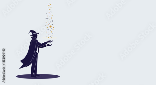 Mysterious wizard casting a spell with glowing particles.