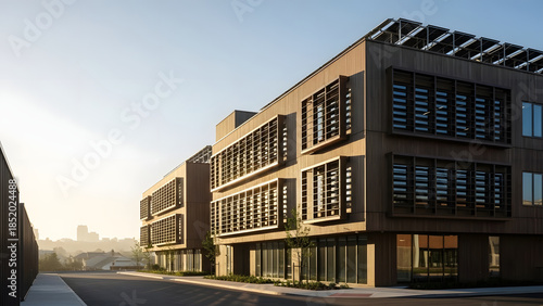 Modern Architectural Design Sustainable Net Zero Carbon Building Exterior at Sunrise