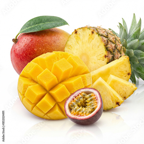 Composição de frutas tropicais (manga, abacaxi cortado, maracujá) isoladas em fundo branco