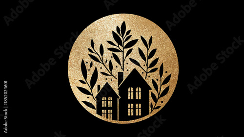 Golden textured circle with stylized houses and botanical leaves on black background, elegant home and real estate illustration