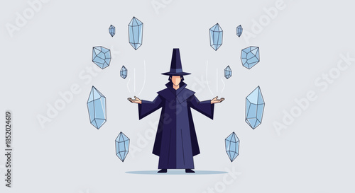 Mystical Wizard Conjuring Magic Crystals in a Spiritual Realm.