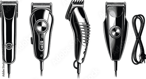 Professional electric hair clipper set, corded grooming trimmer, front side angle views, barber haircut machine, salon styling tool, isolated white background