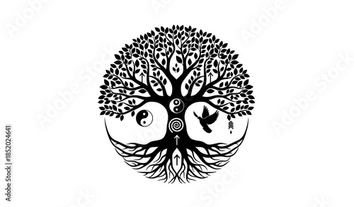 Tree of Life Silhouette Design. vector: Ideal for use as a tattoo, icon, web graphic design, and infographic concepts