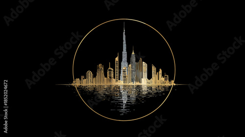 Striking modern cityscape silhouette in gold and silver with reflection, framed by a golden circle on a dark background. Elegant urban skyline.