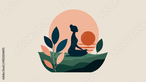 Peaceful woman meditating in lotus pose silhouette amidst nature, minimalist illustration for mindfulness, yoga, and wellness.