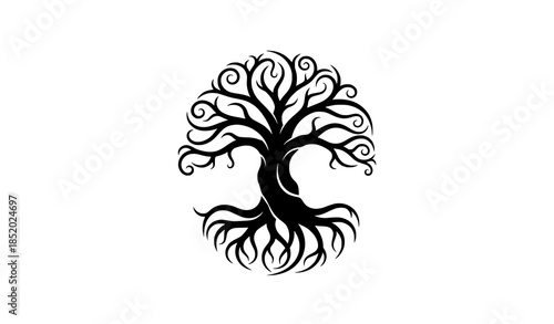 Artistic Tree of Life Silhouette Vector with Flowing Branches and Roots for Tattoo and Web Graphics