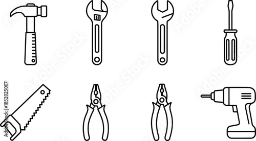 Line art vector set of 6 tool icons hammer wrench screwdriver saw pliers and drill