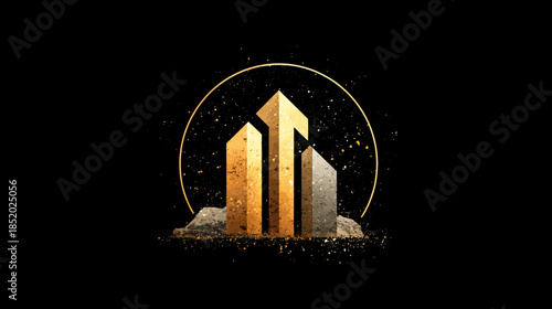 Luxury Abstract Golden Cityscape Buildings Logo Concept on Black Background with Elegant Splatter Effect, Modern Urban Architecture Real Estate Design