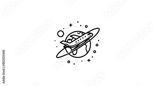 Global travel illustration with airplane orbiting planet and stars in space. Concept for worldwide aviation, adventure, exploration.