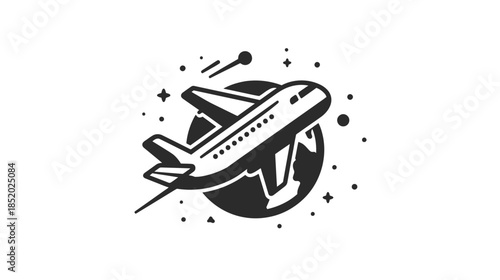 Global airplane travel illustration. Passenger plane flying around planet Earth with stars. Aviation journey icon concept.