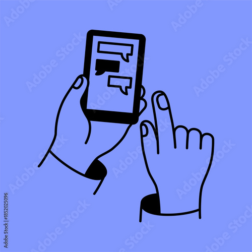Vector simple linear illustration, hands holding phone with chat messages, support and feedback concept, doodle line illustrations