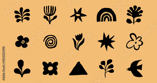 Vector hand drawn rough ink mystical symbols, sacred boho signs, design elements for branding and packaging, abstract shapes and glyphs