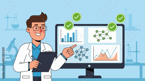Scientist Analyzing Data on Computer Screen in Laboratory.