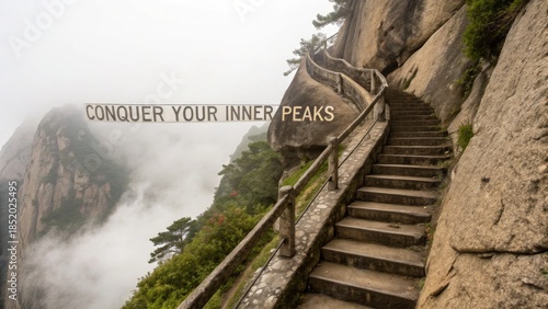 Stone stairs winding up a mountain peak in a cloudy landscape