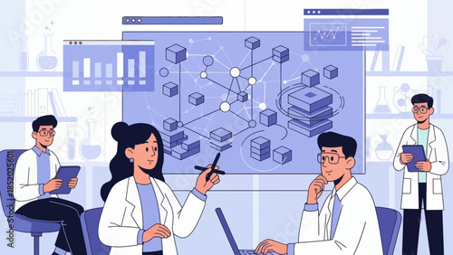 Scientists analyze data in a modern laboratory setting.