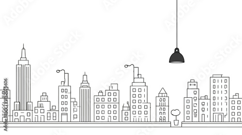 Detailed line art cityscape illustration with modern buildings and an illuminated hanging lamp, ideal for urban concepts and inspiration.
