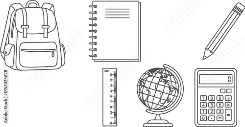 Line art vector set of 6 school items backpack notebook pencil ruler globe and calculator
