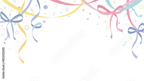 Festive Party Confetti Ribbons and Bows Top Border Decoration on White Background