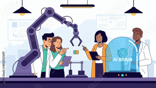 Scientists and engineers collaborate on advanced AI robot development in a modern lab.