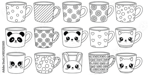 Collection of cute kawaii animal and patterned mug outlines perfect for coloring pages