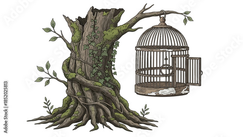 Vintage illustration of birds trapped inside an antique golden metal cage, symbolizing confinement and the desire for freedom on a white background
