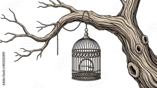 Vintage illustration of a bird inside an antique golden metal cage, symbolizing confinement and the desire for freedom on a simple white background