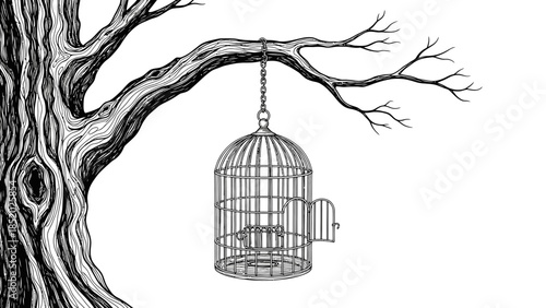 Vector illustration of a bird in a vintage metal cage symbolizing freedom and captivity