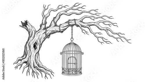 Vintage illustration of a bird inside an old metal cage set in a quiet architectural scene symbolizing freedom and confinement