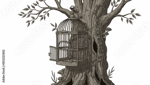 Birds sitting inside a vintage cage on a tree branch in a natural forest illustration
