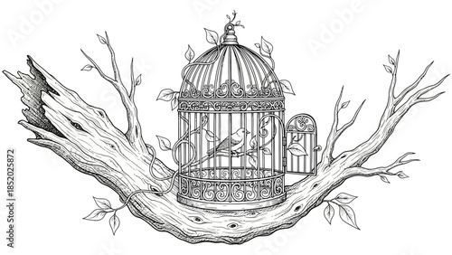 Vintage hand-drawn illustration of birds in a cage set within an old European city landscape