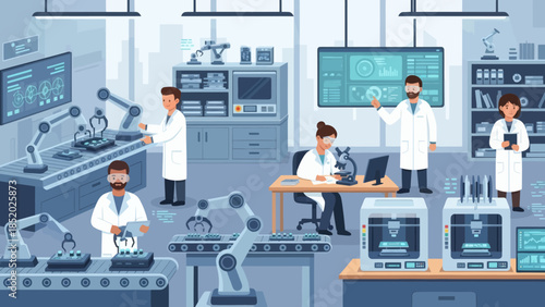 Scientists and engineers working in a modern research and development laboratory.