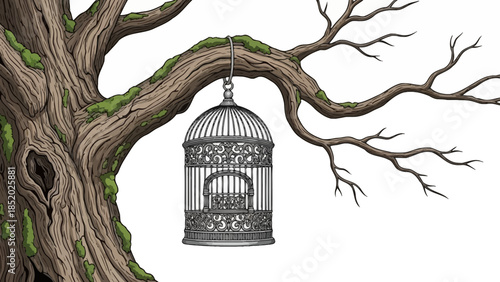 Vintage illustration of birds inside a golden metal cage symbolizing confinement and freedom