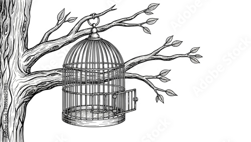 Hand drawn vintage illustration of a bird trapped inside a golden metal cage symbolizing confinement and freedom