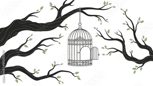 Vintage vector illustration of birds in a cage beside an old tree symbolizing freedom and confinement