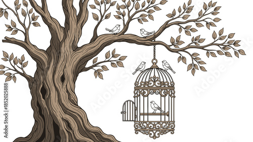 Vintage illustration of birds and a tree inside a decorative cage symbolizing nature and freedom