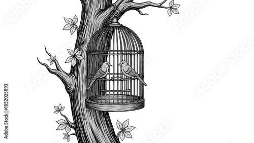 Vintage illustration of a bird in a metal cage with a branch symbolizing confinement and freedom