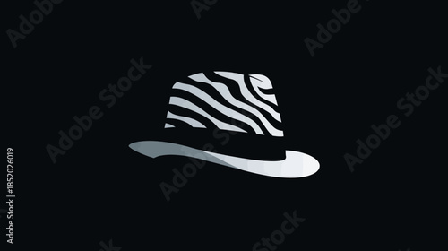 Modern black and white fedora hat with unique zebra stripe pattern. Elegant graphic design for fashion and style concepts.