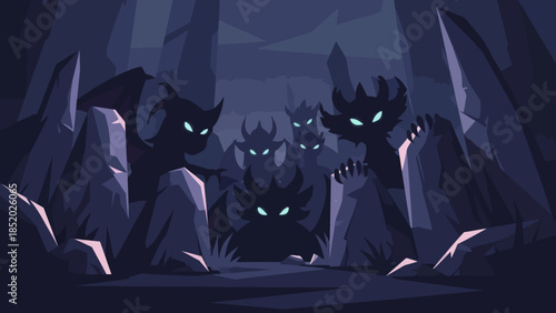 Shadowy figures with glowing eyes emerge from a dark rocky landscape creating an eerie and mysterious atmosphere.