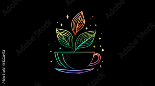 Stylish neon gradient glowing leaves sprouting from a coffee or tea cup, isolated on a sleek black background with shimmering stars.