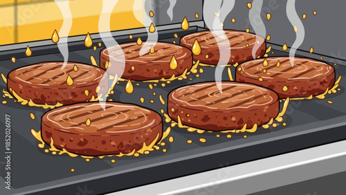 Six sizzling hamburger patties cooking on a hot grill with smoke rising creating a delicious aroma in a kitchen setting.