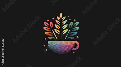 Vibrant Gradient Plant Leaves Growing from a Teacup Illustration on Black Background, Colorful Abstract Textured Design