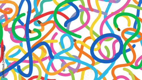 Playful colorful tangled loops and scribbles abstract pattern on isolated white background.