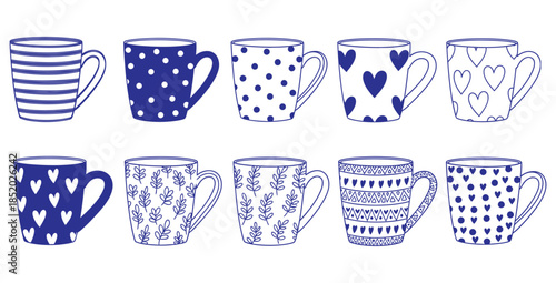 Collection of ten charming blue and white patterned coffee mugs perfect for cafe or kitchen decor